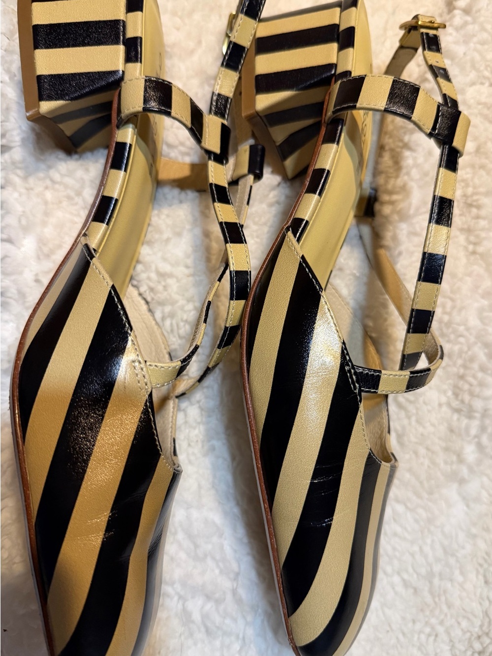 Charlotte Stone Yellow and Black Striped Crisscross Block Heel Pump - Picture 8 of 16
